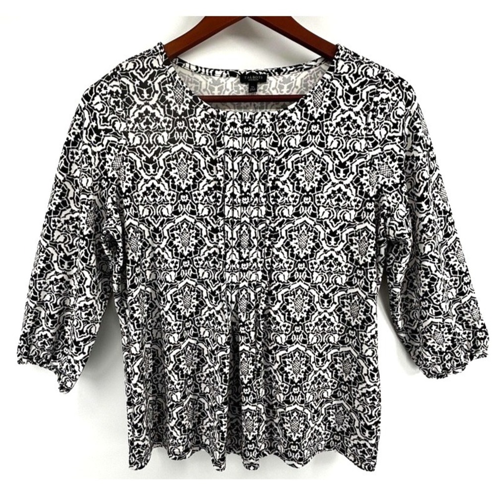 NEW Talbots Plus Petite Black & White Medallion Print Jersey Knit Top Classic‎